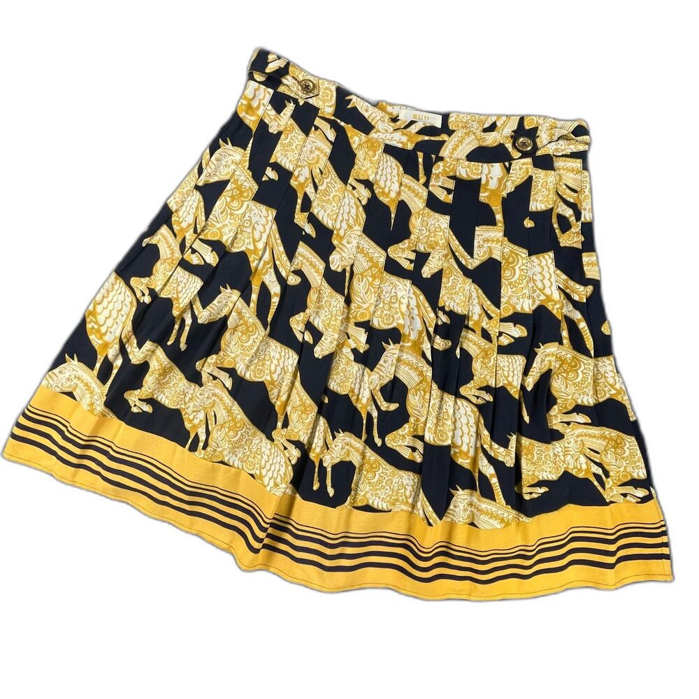Maeve Jade Horse Pleated Skirt 12 Black Gold Equestrian Midi Festival Old Money